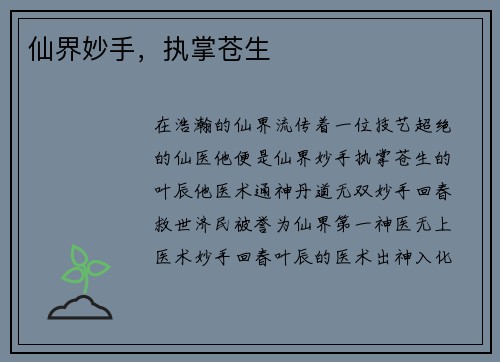 仙界妙手，执掌苍生